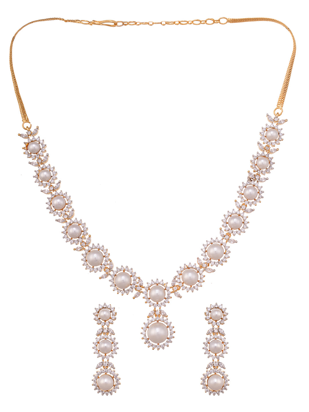 Gold Plated WhiteAD & Pearl Studded Necklace Jewellery Set
